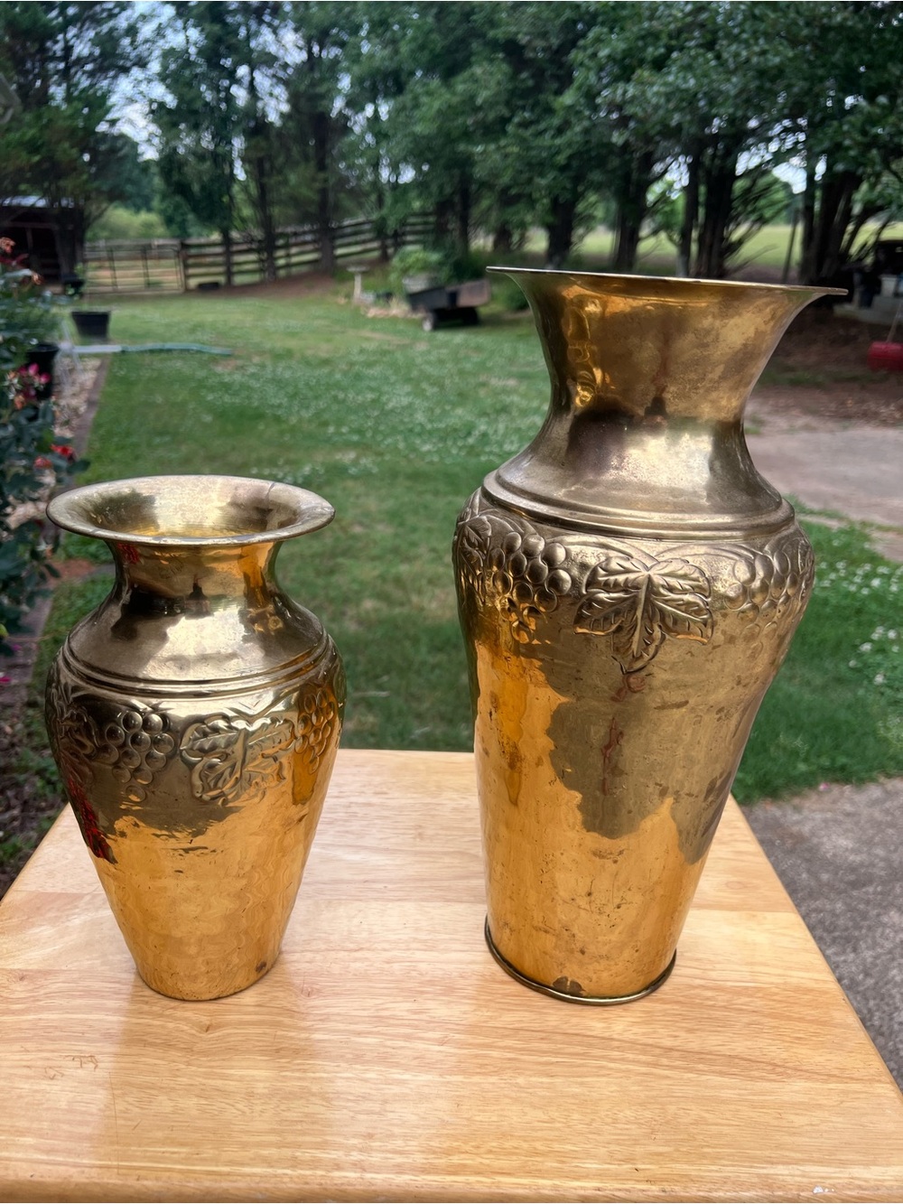 SET OF 2 BRASS VASES GRAPE DESIGN NATURAL PATINA 10” Tall and 14” tall